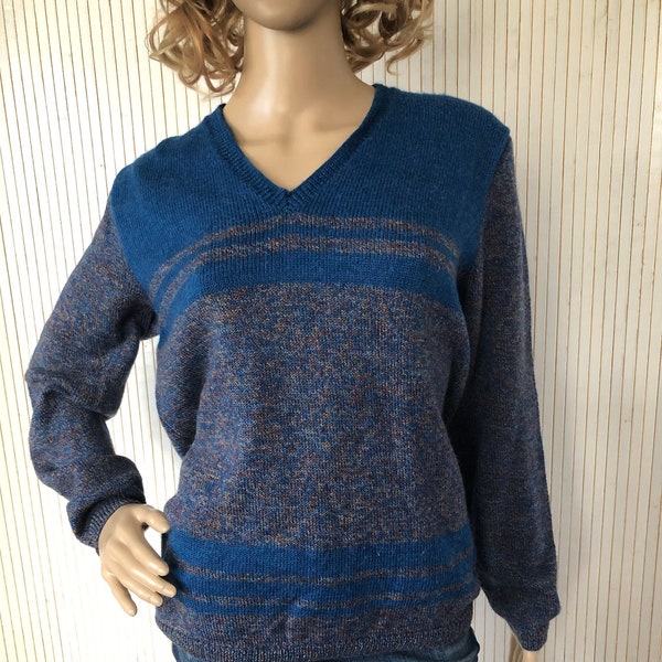 Pull col V Tricoté Vintage Bleu