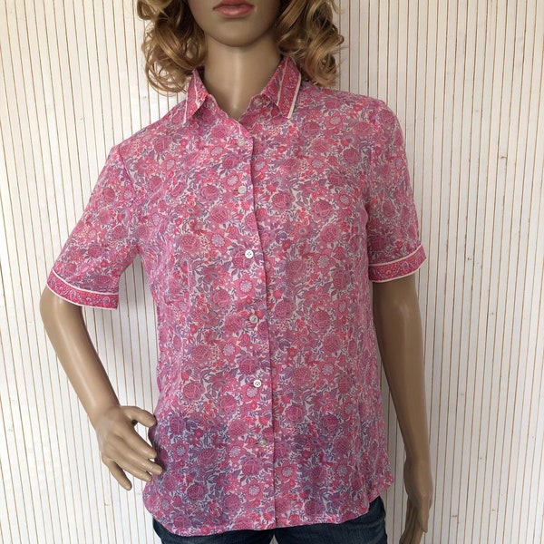 Vintage Floral 70s Summer Blouse Women's Blouse Short Sleeve Sheer Pink Blouse Size 38