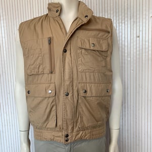 Veste sans manche Vintage Marron Clair en coton Taille 50/52 Utilitaire pour Chasse Safari Cargo Pêche Camping Extérieur Baroudeur Capuche