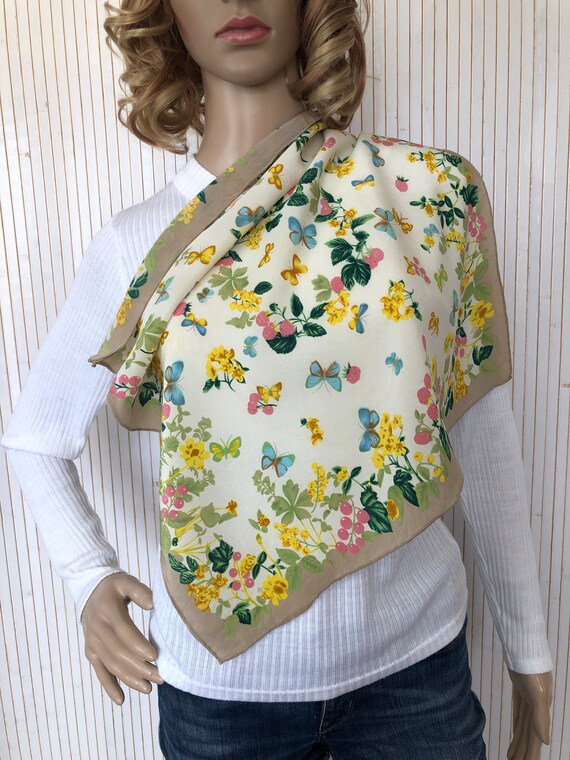 Foulard Carré En Soie Vintage Codello Rose Papillons - Petit Modèle, Bon état
