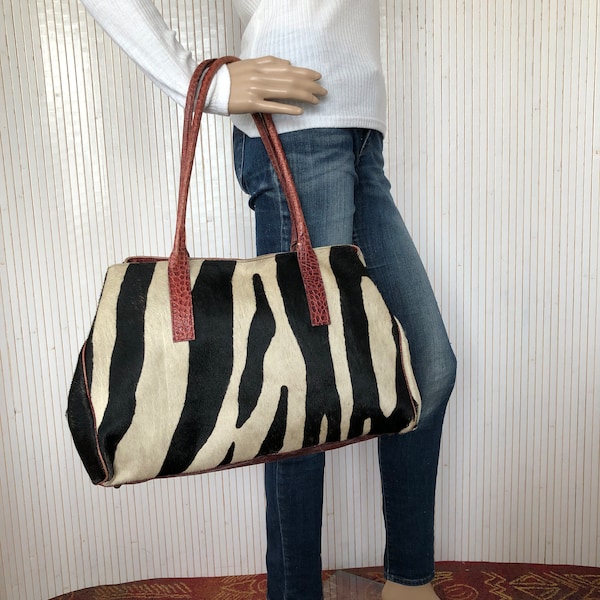 Vintage Women's Bag Zebra Tote Bag in Leather and Hair Maurizio Taiuti Bag Made in Italy Safari Animal Bag Large School Bag