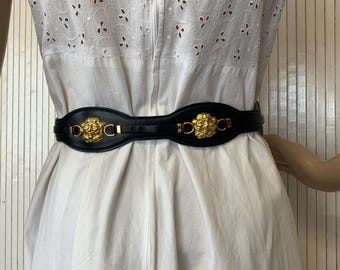 Vintage Löwenkopfgürtel Schwarzes Leder Schöner Vintage Gürtel Gold Hardware Welliges Leder