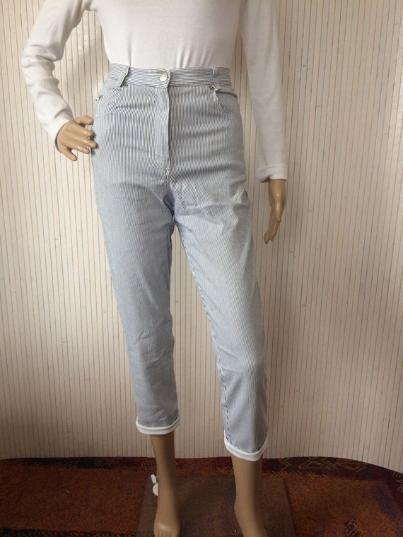 Jean 7 8 Vintage Femme Fille Blanc fines Rayures 162cm Taille