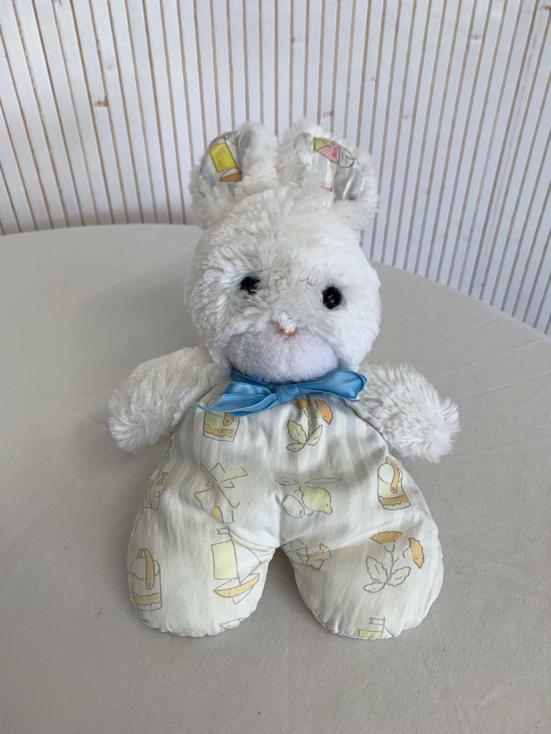 peluche lapin bleu vintage ajena - doudou lapin robe tissus dentelle décoré bébé | Rakuten