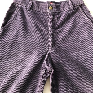 May include: A pair of purple corduroy pants with a button fly and two front pockets.