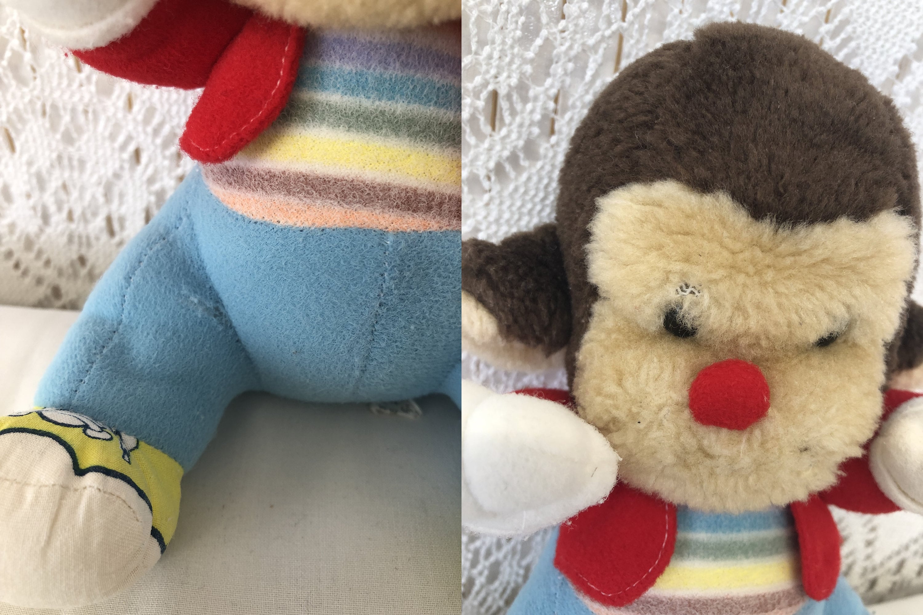 ヴィンテージ　日本製　チンパンジーのぬいぐるみ　お猿さん　昭和レトロ ヴィンテージ カラフル 80年代 猿 ぬいぐるみ チンパンジー 昔の子供