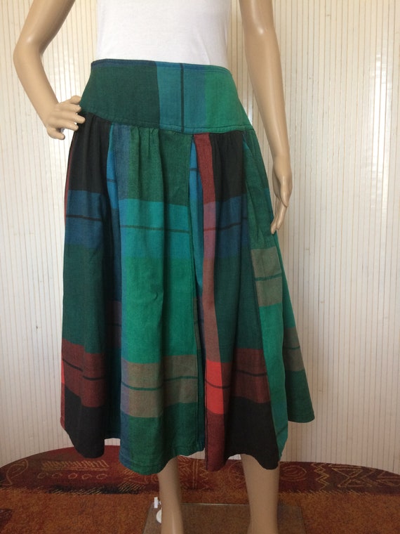 René Derhy Green Tartan Cotton Vintage Skirt - image 2