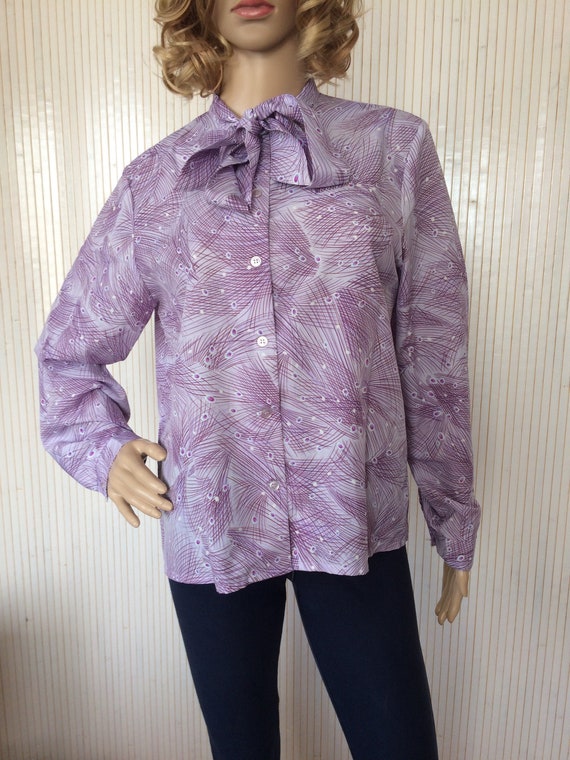 Vintage Blouse Woman 70s Blouse Purple Long Sleeve