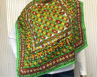 Vintage Square Scarf with Geometric Patterns Colorful 70s Scarf Polyester Made in France Flashy Scarf