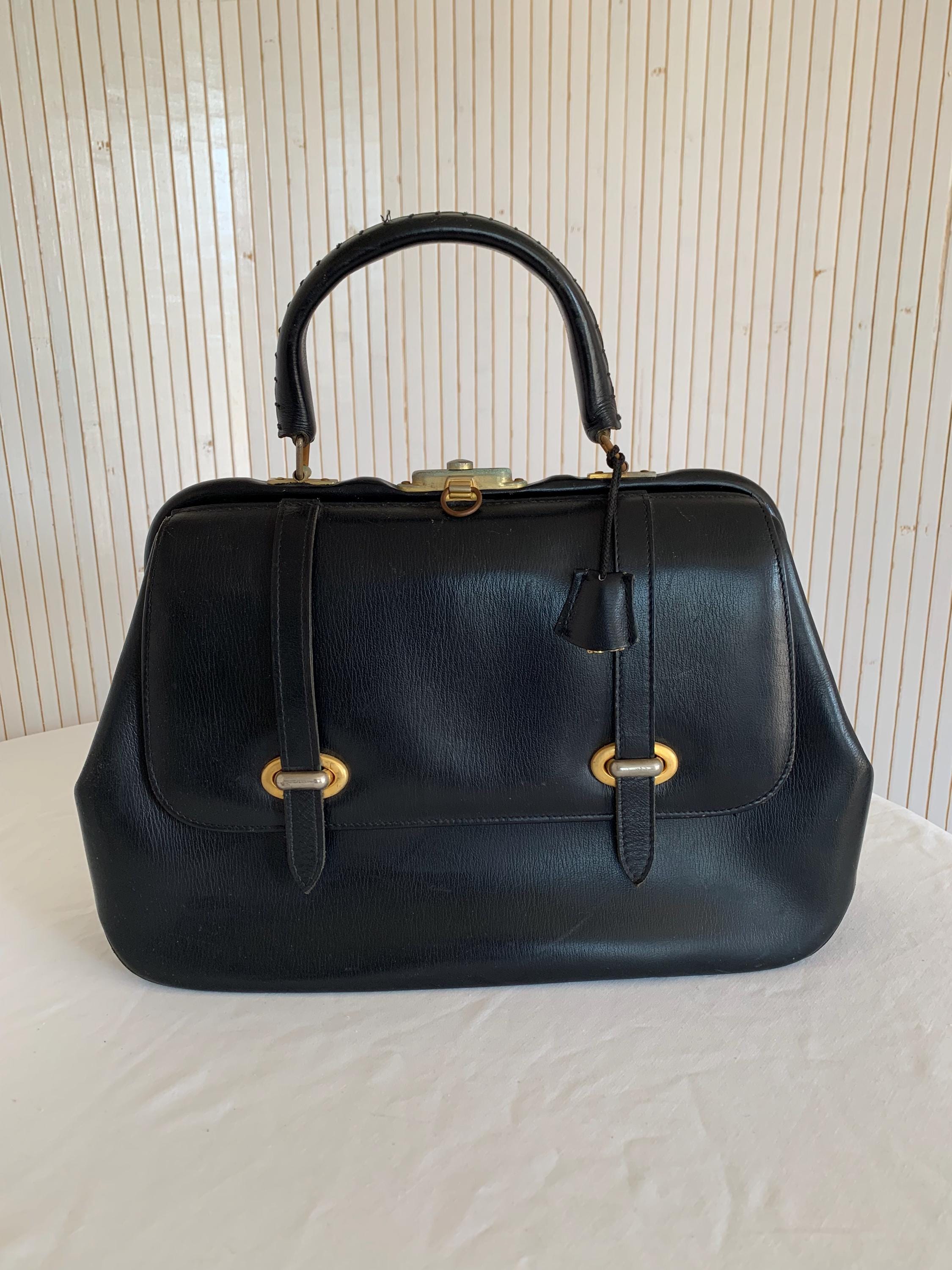 Vintage Micarl 60s Women's Black Leather Doctor Handbag With Keys