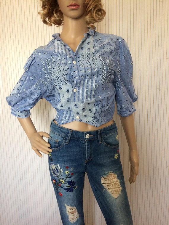 Blusa corta Mujer Floreada Vintage Azul Etsy Mexico