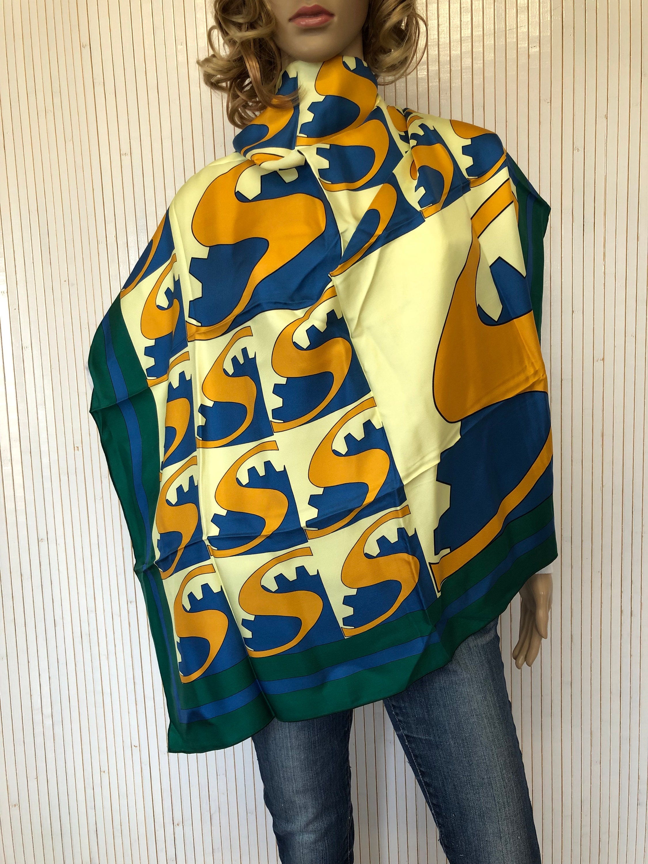 Foulard En Soie 100% Vintage 90x90 Cm - Bleu Et Marron, Très Bon état