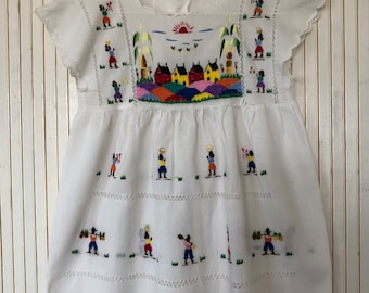 Vintage Embroidered Baby Dress in White Cotton Summer 12 Months Ethnic Decor Traditional Clothing