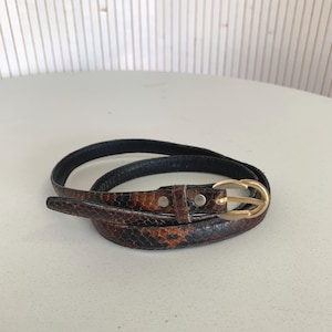 Women's Thin Belt in Vintage Brown Shaded Snake Leather with Beautiful Gold Buckle
