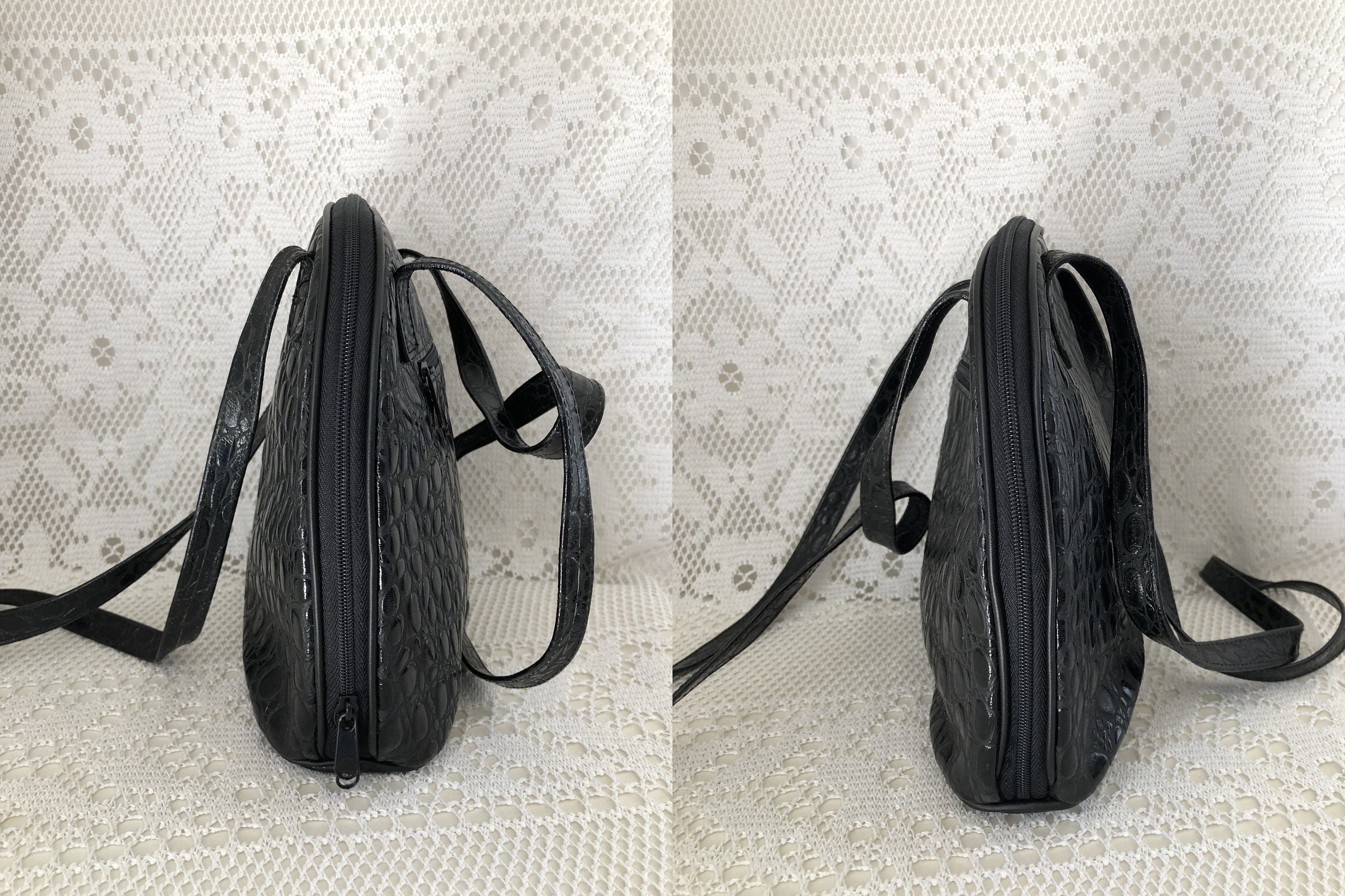 Vintage 1980’s or 1970’s Croc Pattern Black Leather Cinch Bag Courrèges 1970s Black Croc Embossed Patent Leather Crossbody  main image 3