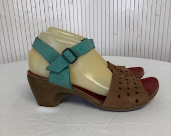 Sandalias Vintage Confort Piel suave Marrón y Verde Tacón medio Loints of Holland de mujer Talla 39 Suela de goma suave