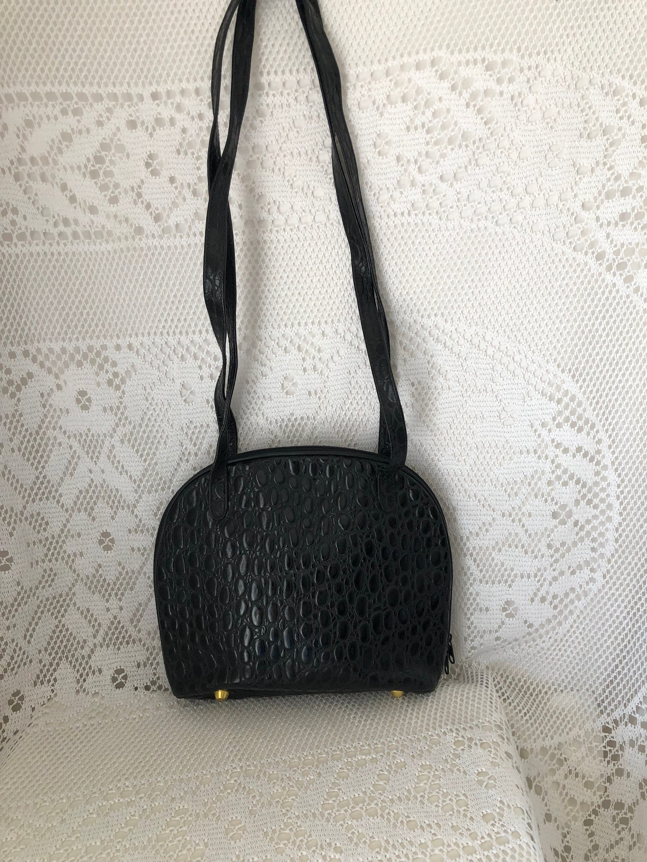 Black Crocodile Bag 2 Handles Vintage Woman 1970s Faux  display picture 2