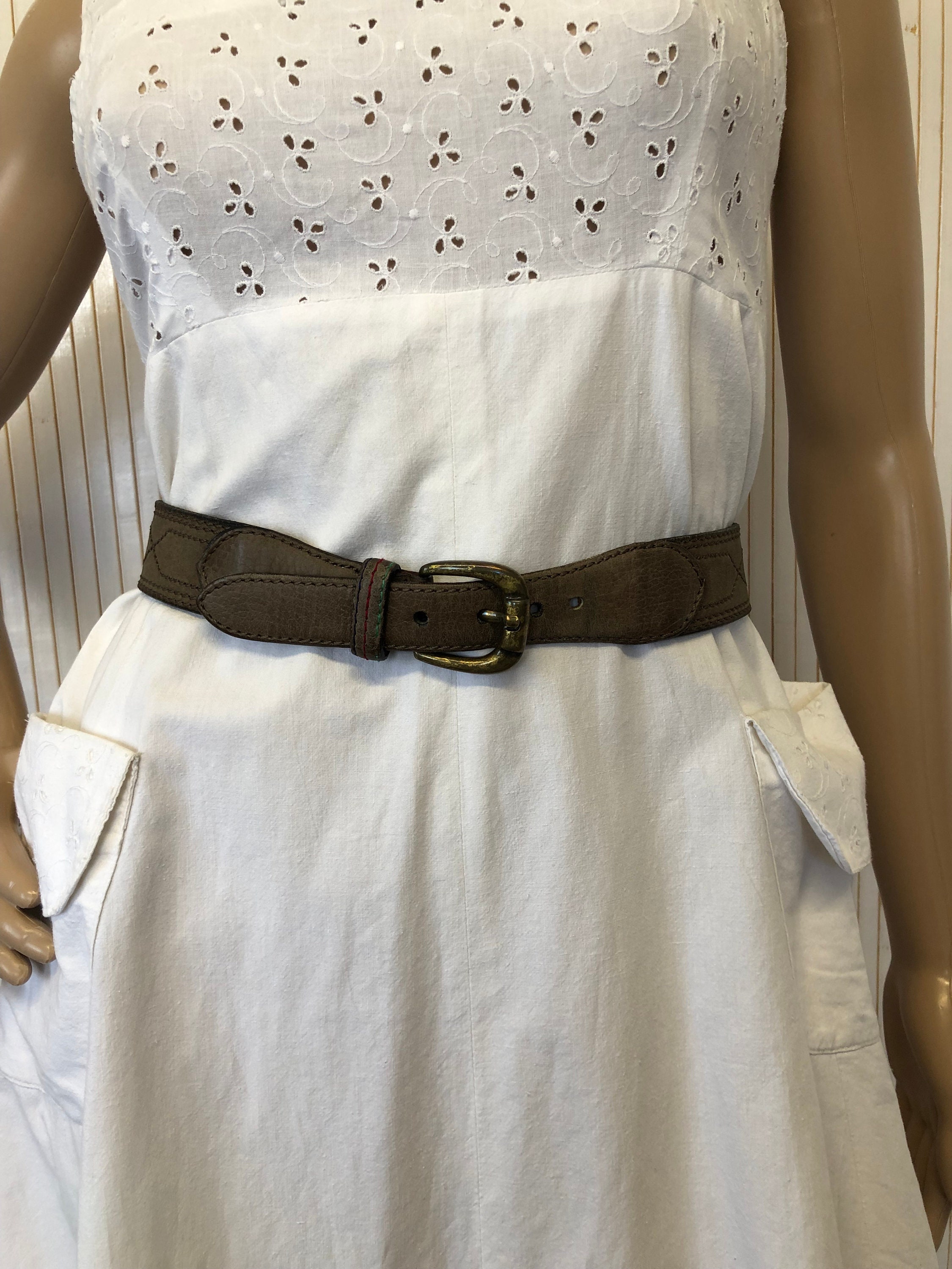 Vintage Brown Grey Leather Belt With Braided Rope  display picture 2