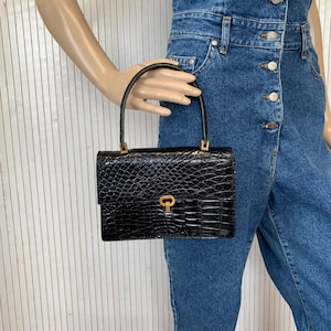 Mini Sac Vintage Années 60 Petit sac Femme Cuir verni noir Imprimé peau de reptile Cadeau Femme élégante Sac de sortie