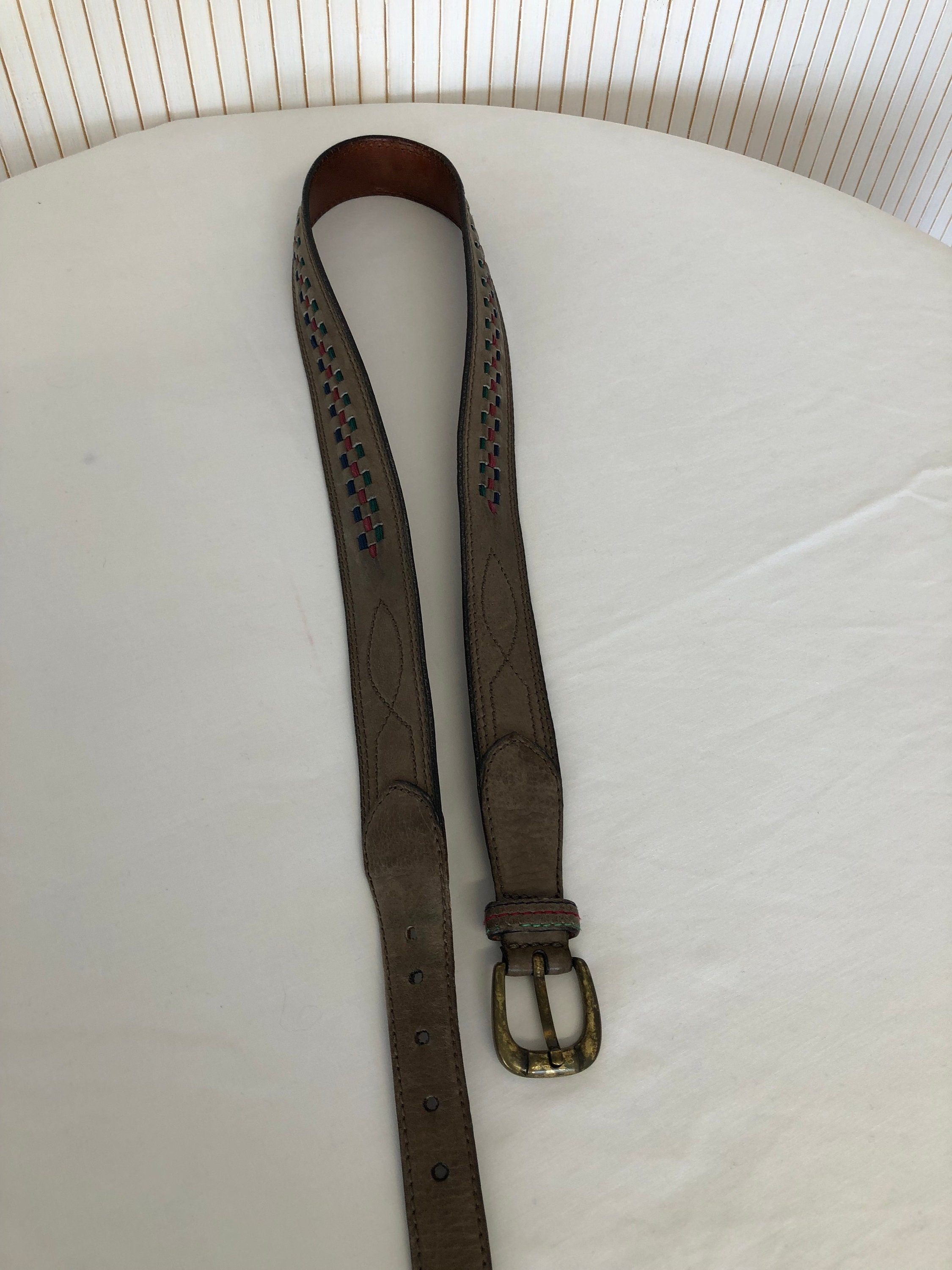 Vintage Brown Grey Leather Belt With Braided Rope  display picture 3