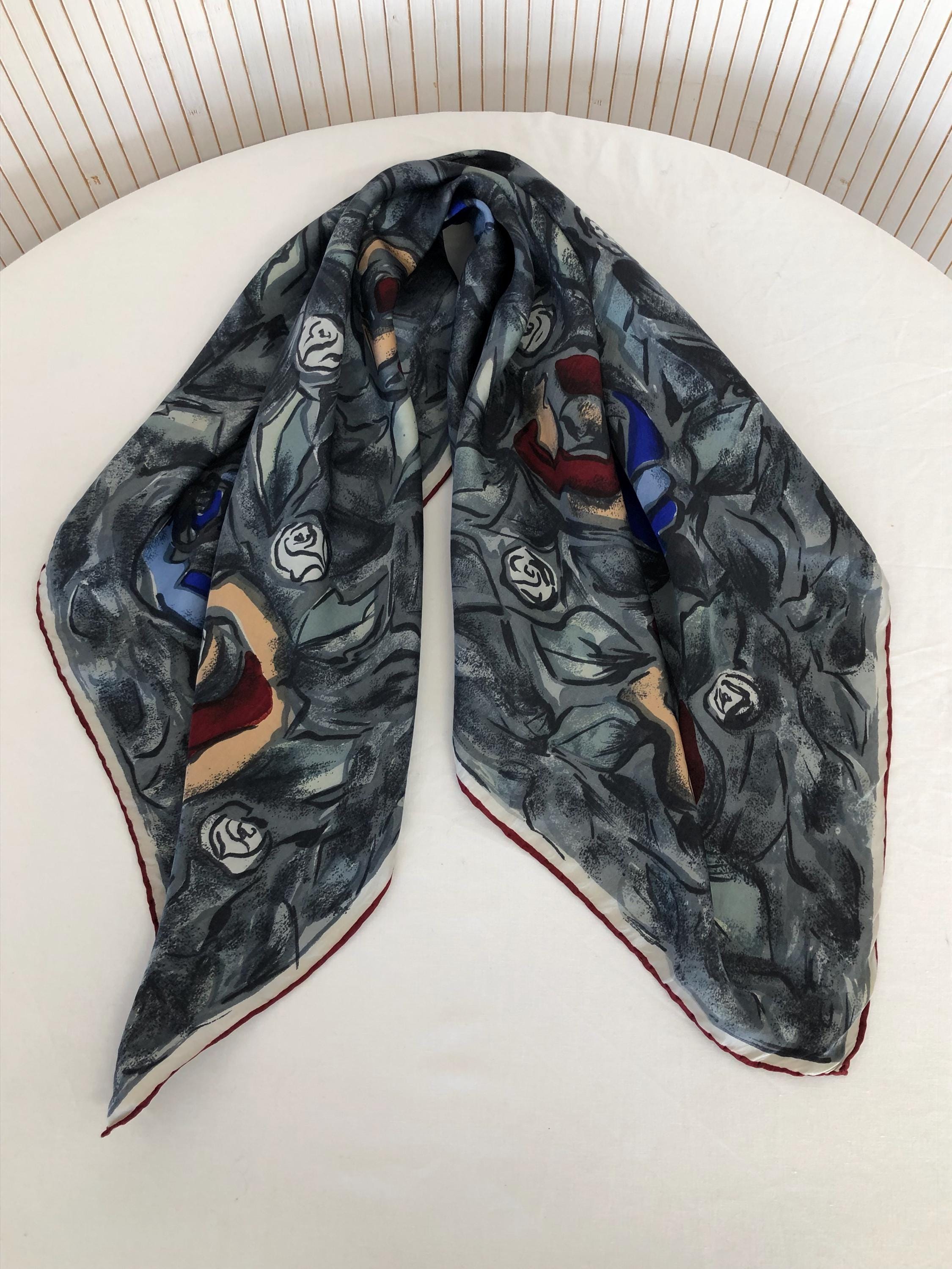 Écharpe Foulard En Soie Peint Main Vintage - Vert Motifs Géométriques - France