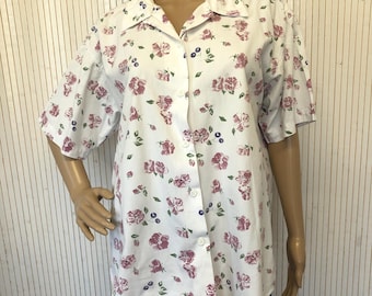Chemise Vintage Florale en Coton épais Chemise Femme d'été taille L/XL Chemisier manches courtes Chemise Bohème