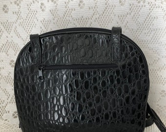 Vintage 1980’s or 1970’s Croc Pattern Black Leather Cinch Bag Black Crocodile Bag 2 Handles Vintage Woman 1970s Faux  main image 4