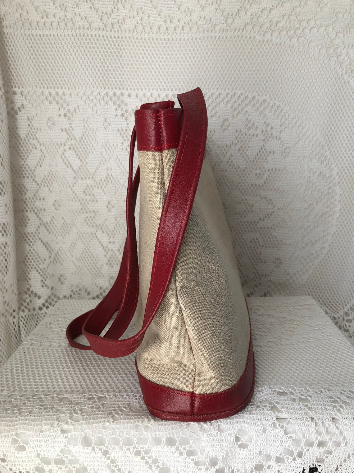Sac à Main Vintage Femme en Toile Naturelle et Cuir rouge Lettre H Sac Cabas épaule, foto 4 di 5