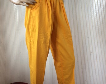 Women's Vintage Yellow Cotton Casual Pants High Waist 80s Size 38 40