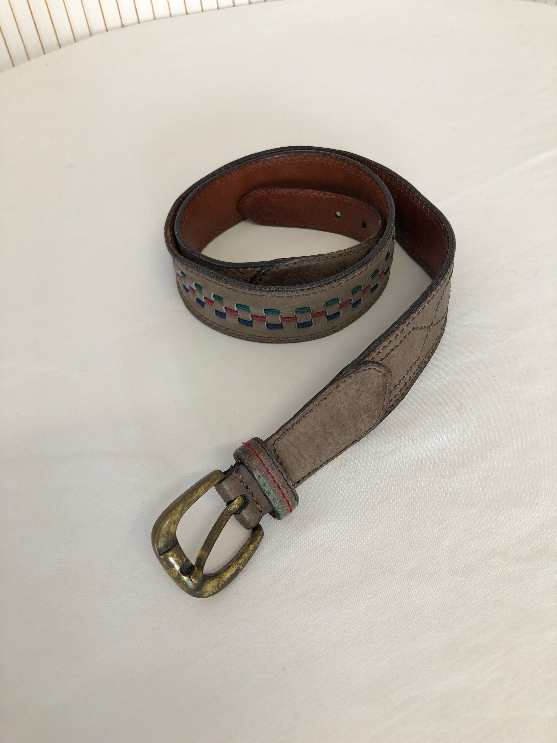 Vintage Brown Grey Leather Belt With Braided Rope 