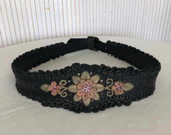 Wide Belt Forale Vintage Leather and Embroidery Women&#39;s Belt Black Brown Silver Floral Buckle Belt Engraved L and R