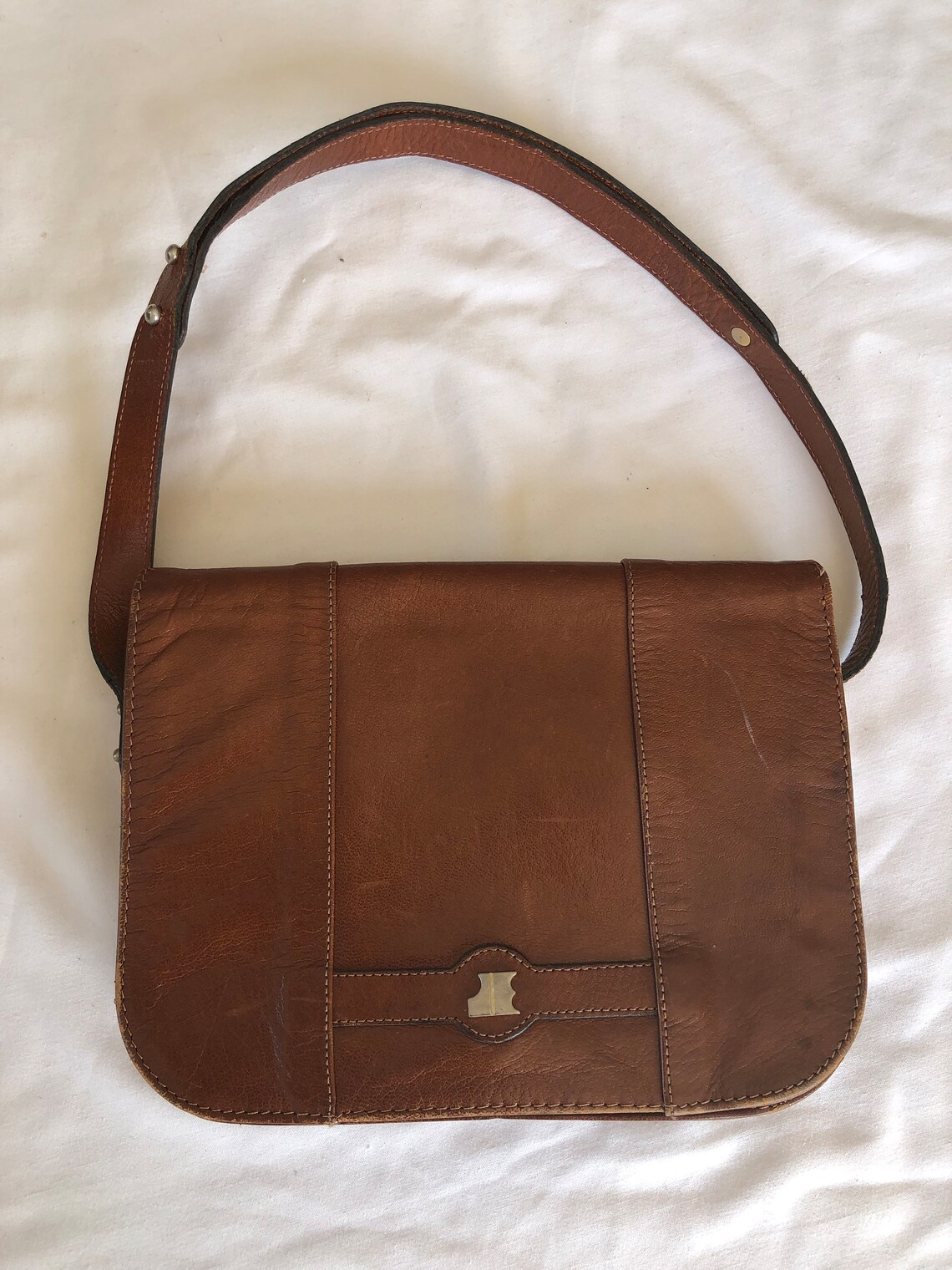 Sac en cuir Marron Vintage Femme Années 70 Sac à main Minimaliste Jacques Esterel Paris, foto 4 di 5