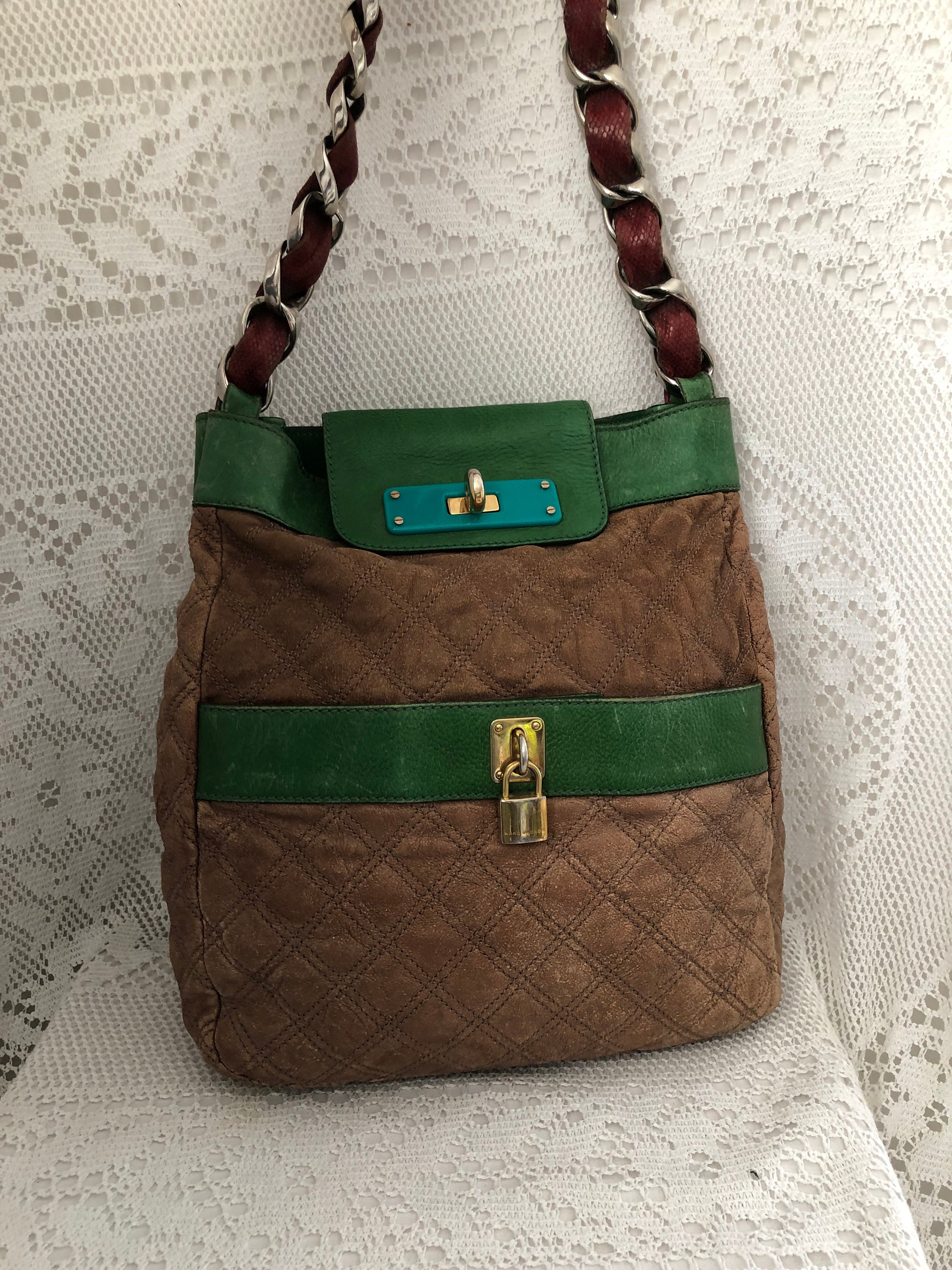 Vintage Marc Jacobs Leather Tote Bag Women Brown and Green 