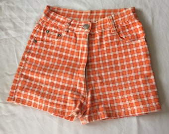 Vintage Women's Girls' Shorts T32-34 or XXS-XS 12 years Orange Checkered