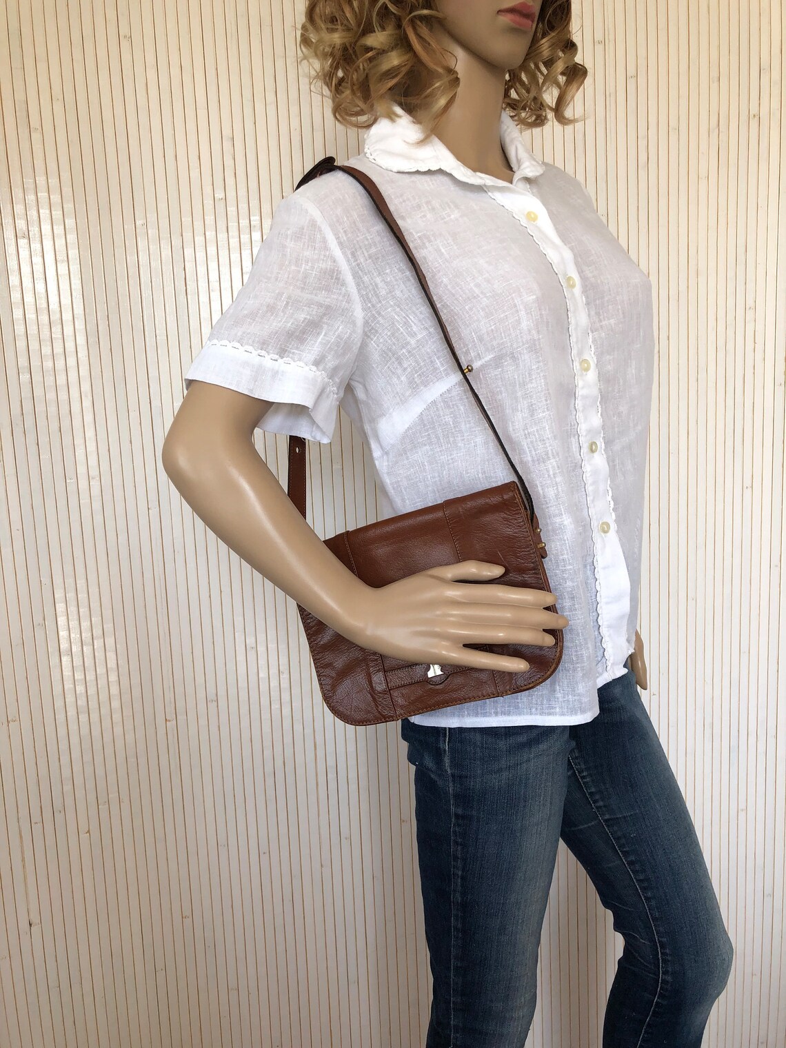 Sac en cuir Marron Vintage Femme Années 70 Sac à main Minimaliste Jacques Esterel Paris, foto 3 di 5