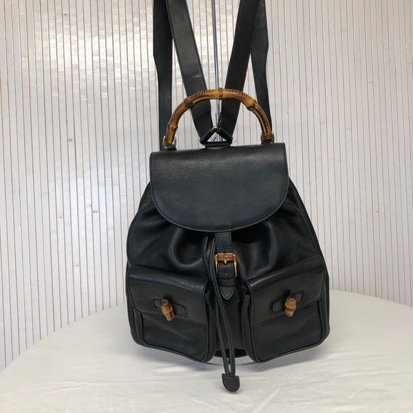 Gucci Vintage Bamboo Backpack 2 Pockets Black Leather Bag Made in Italy Luxury Chic Bag Bucket Bag