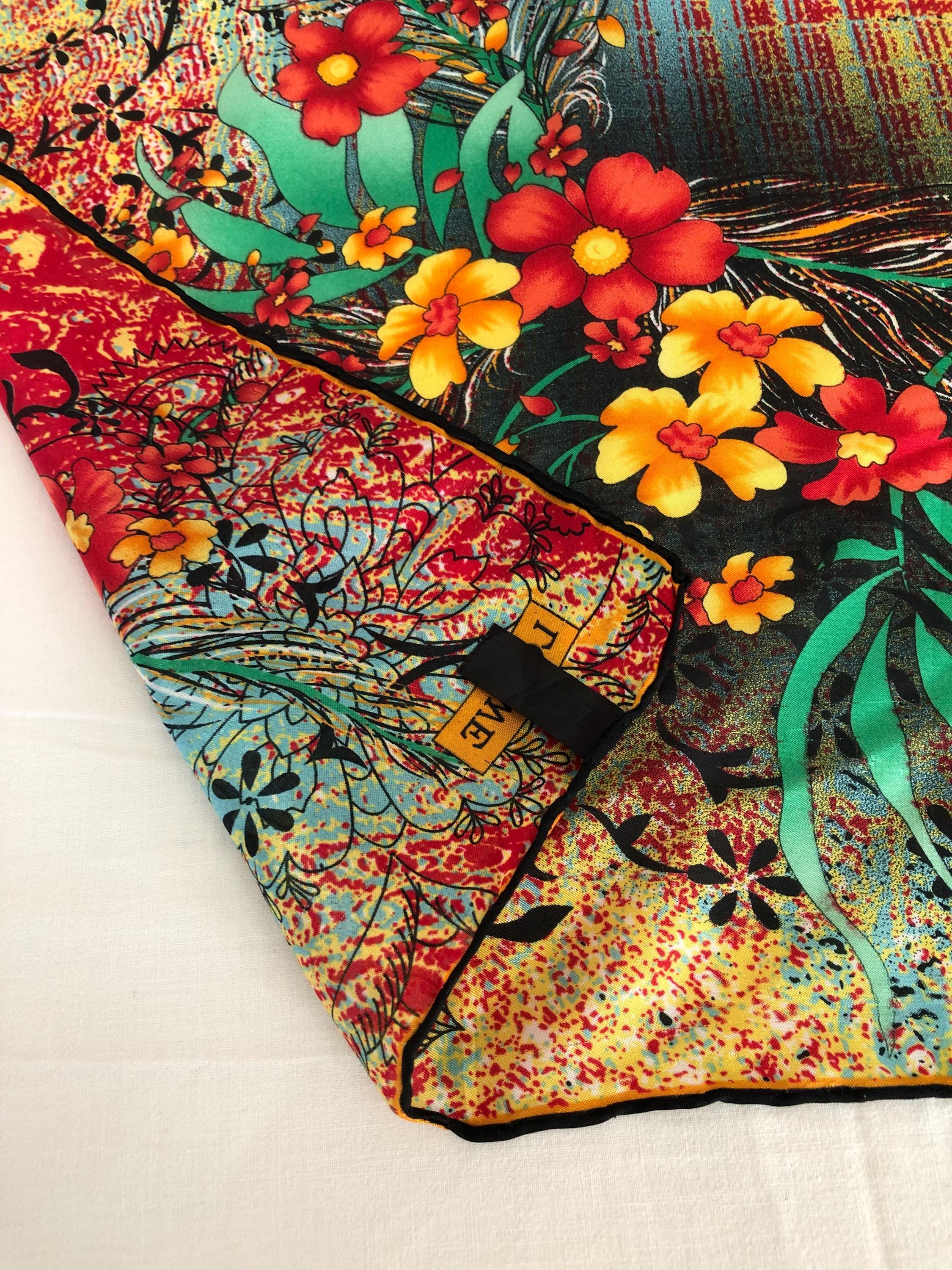 Silk Square Scarf 90 Vintage Loewe Multicolor Flowers Silk Square Scarf 90 Vintage Loewe Multicolor Flowers