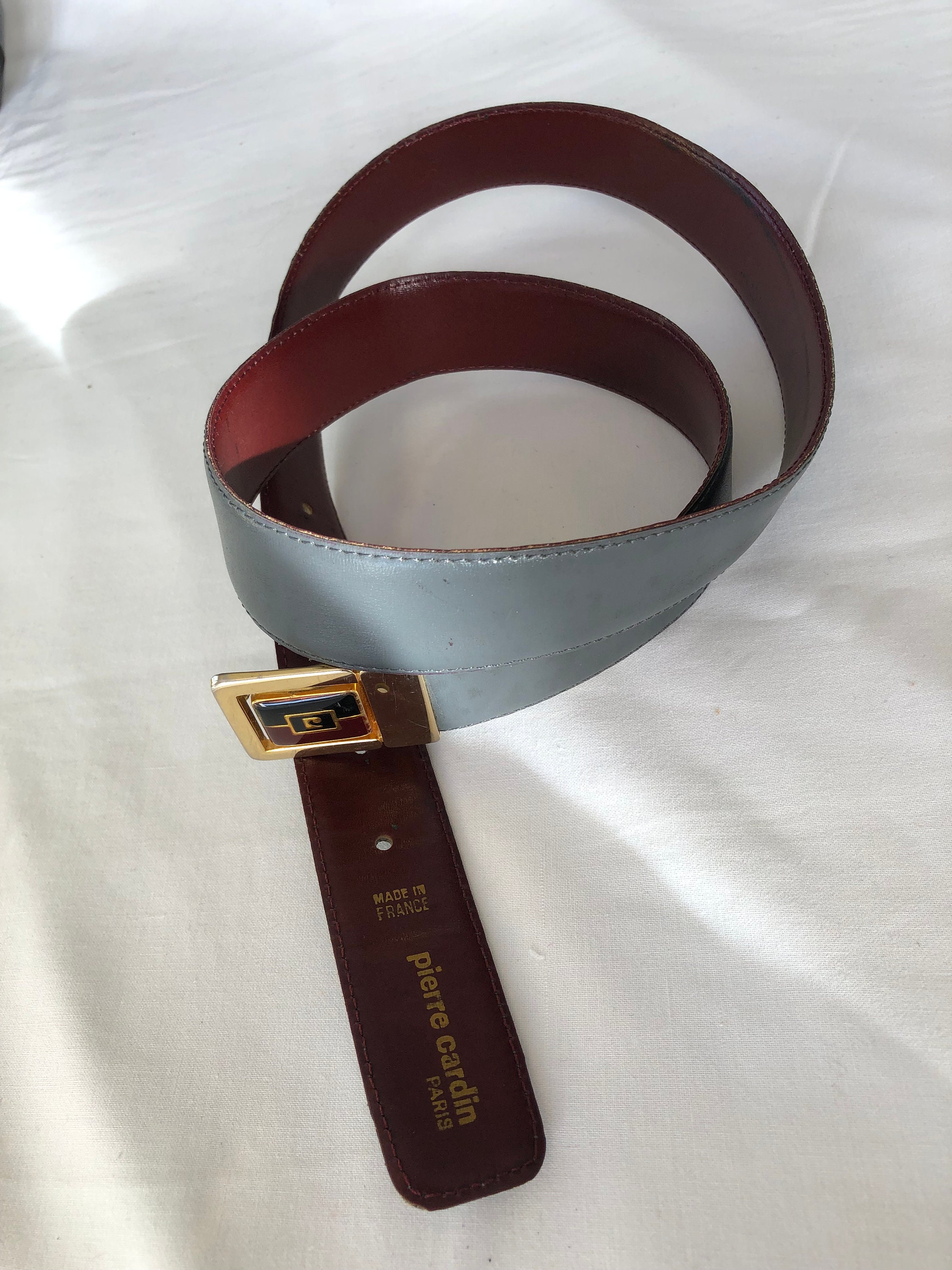 Pierre Cardin Paris Reversible Vintage Belt Bordeaux or Grey Leather Belt Logo Buckle Belt Made in France Size 90 36 Etsy