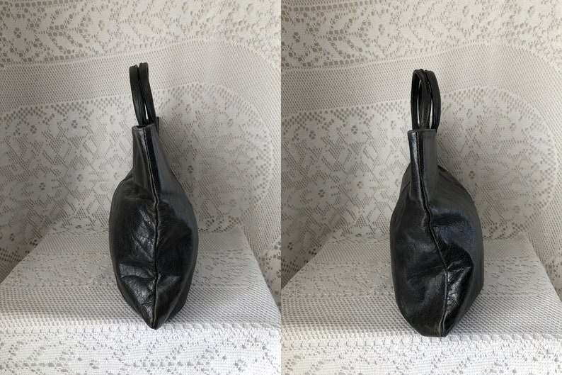 Vintage soft leather bag Nat et Nin bag Black aged look Women's flat handbag Tote bag Round handles Made in France Minimalist bag image 6