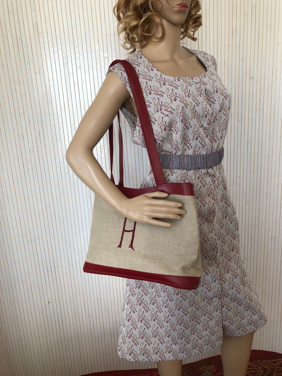 Sac à Main Vintage Femme en Toile Naturelle et Cuir rouge Lettre H Sac Cabas épaule, foto 2 di 5