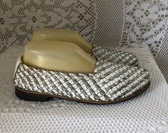 Vintage Ballerina Shoes in Silver and White Braided Leather Women's Shoes Size 37 Retro