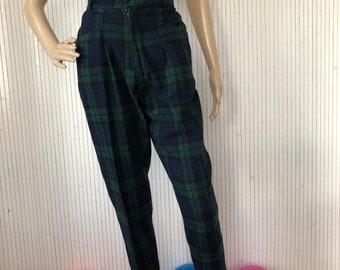 Pantalon en Laine écossais Vert Pantalon Vintage T36 Femme Pantalon à carreaux Pantalon d'hiver Taille haute Plaid Tartan Vert