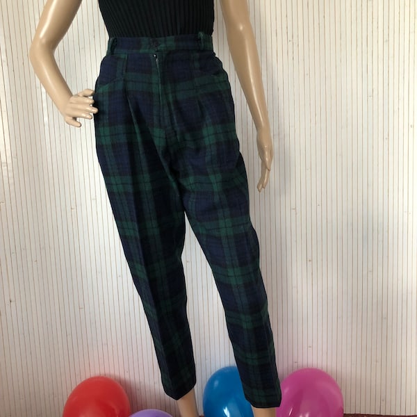 Pantalon en Laine écossais Vert Pantalon Vintage T36 Femme Pantalon à carreaux Pantalon d'hiver Taille haute Plaid Tartan Vert