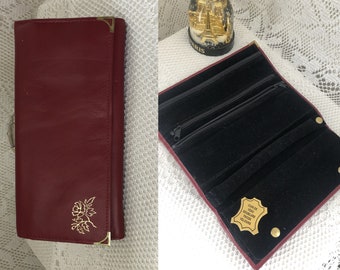 Trousse à maquillage Vintage Trousse en Cuir de Veau Rouge Décor floral Années 70