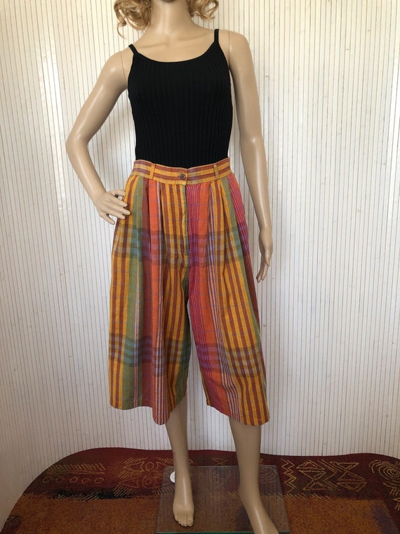 Madras Culotte Skirt Vintage Cotton Shorts Women Orange Checked