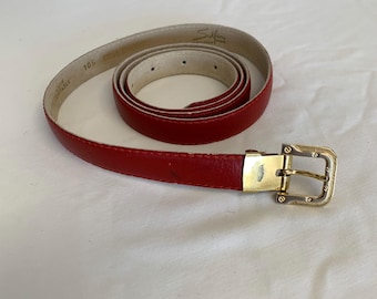 Vintage Red Leather Thin Belt Solfin Paris Made in France Size 105 Gold Buckle