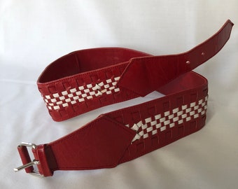 Vintage Belt Braided Leather Red and White Made in France