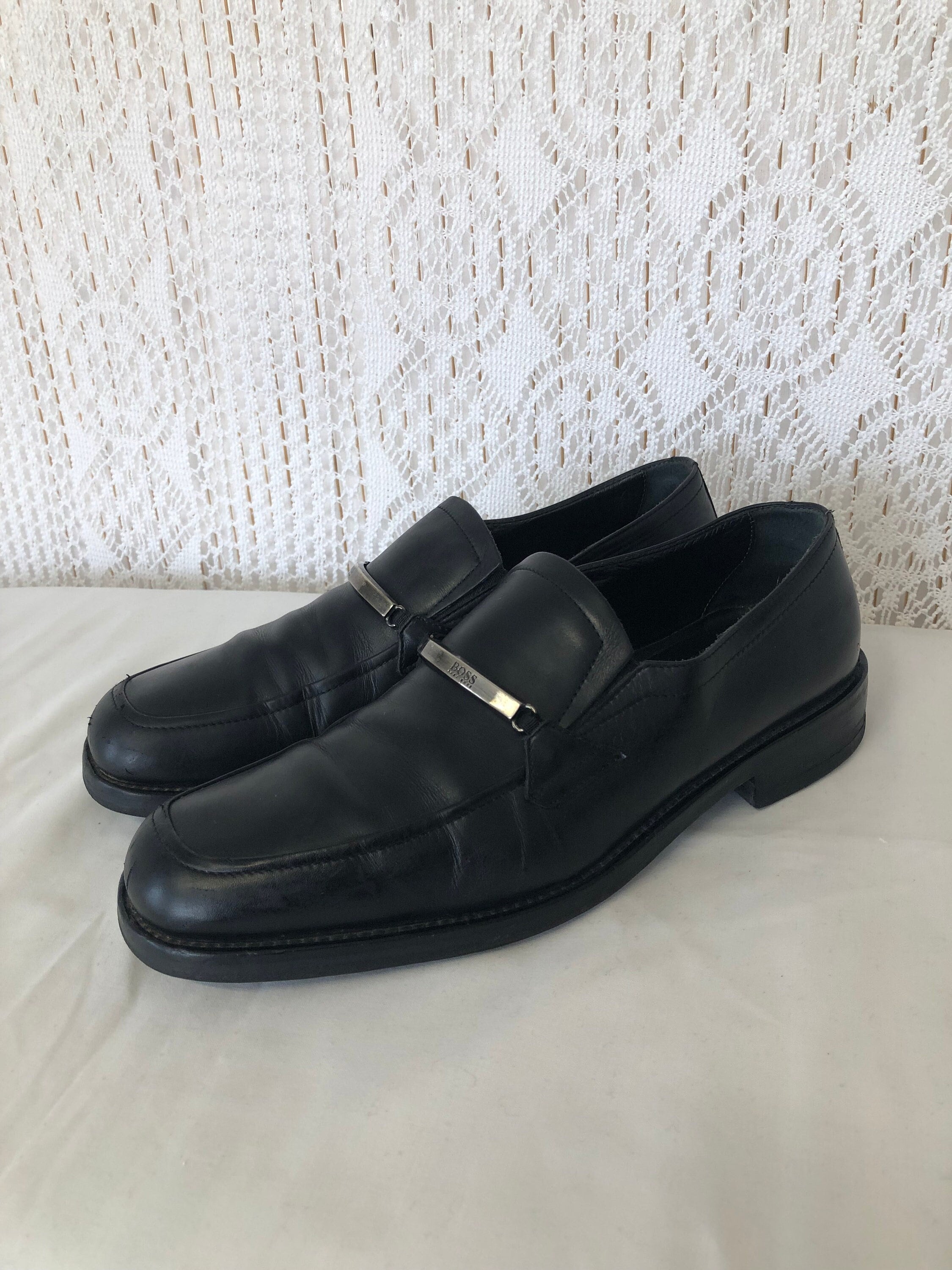 Vintage Hugo Boss Men s Loafers Black Leather Shoes Size 8 43 Made in Italy Silver Buckle Slip on Loafers Etsy Canada
