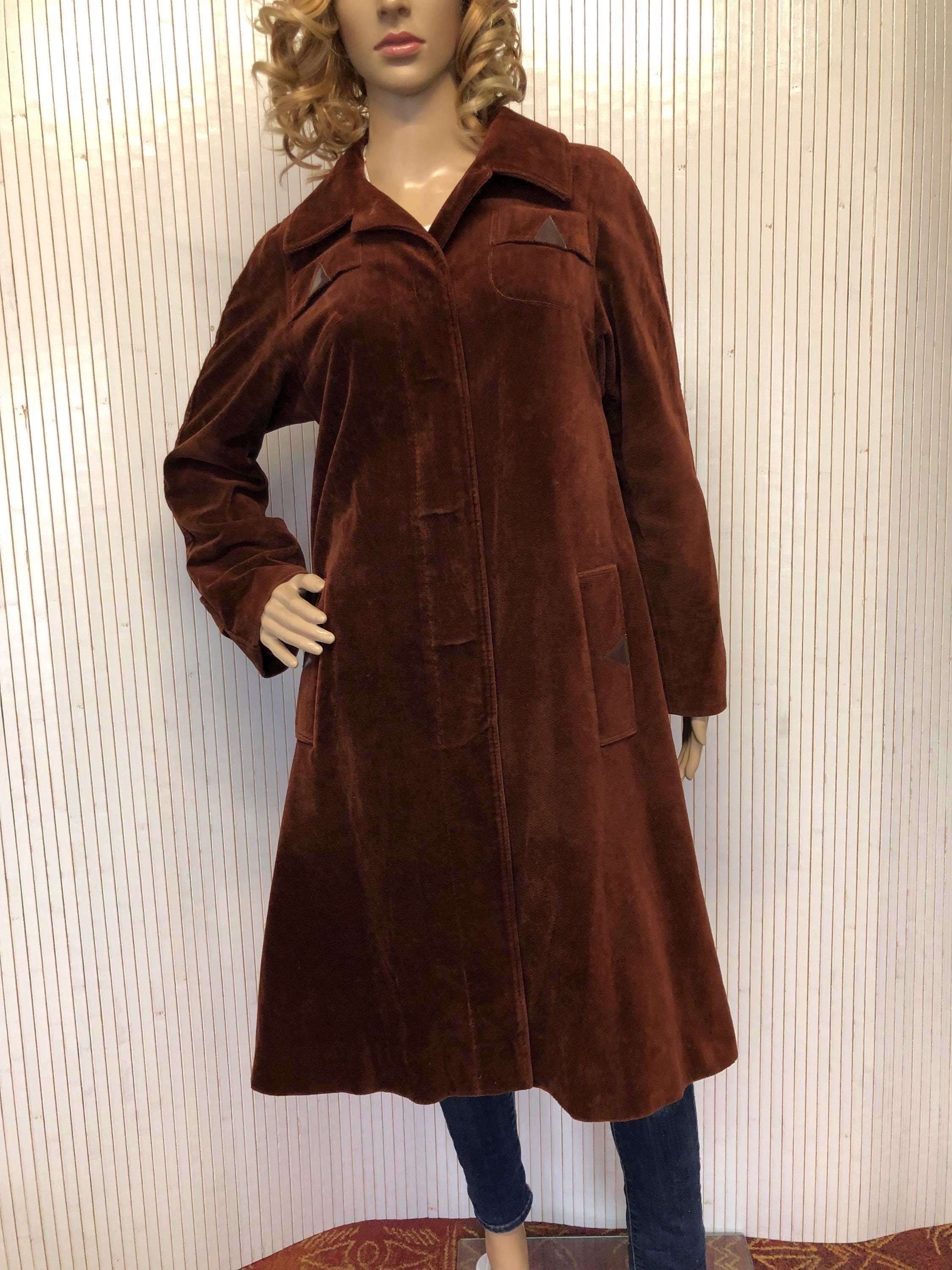 Women's Long Soft Velvet Coat Vintage Coat Claude Havrey Paris Brown Made in France size M