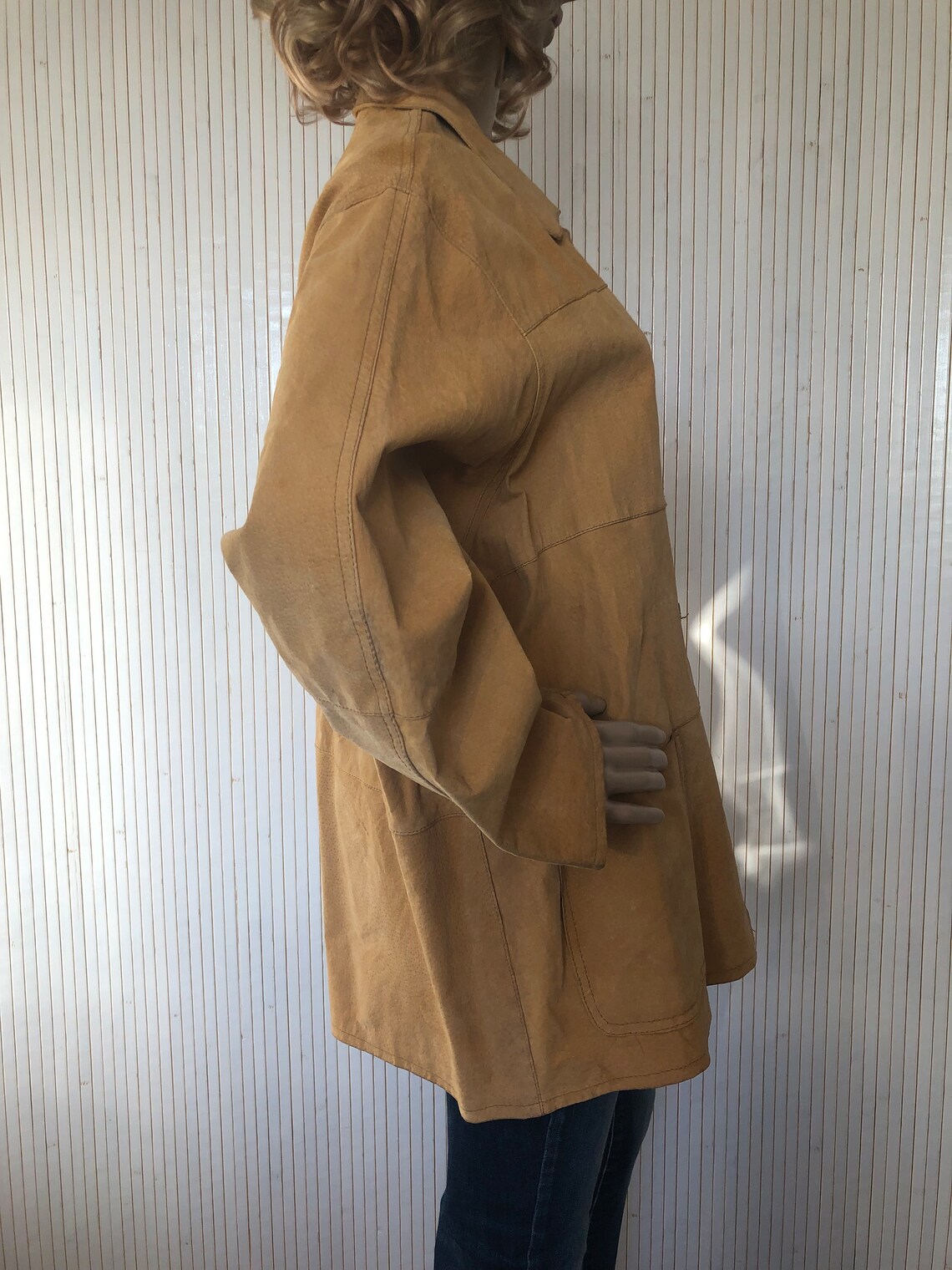 Veste en cuir Camel Femme Vintage Jaune Marron clair T46/48 Cuir Minimaliste, foto 4 di 5